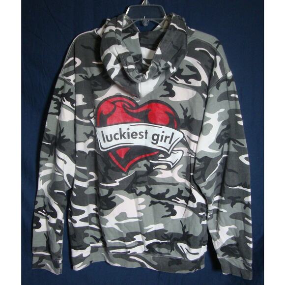 Pink Camo Hoodie Luckiest Girl Heart XL Boyfriend Sweatshirt Fleece Line Markell - Picture 1 of 3